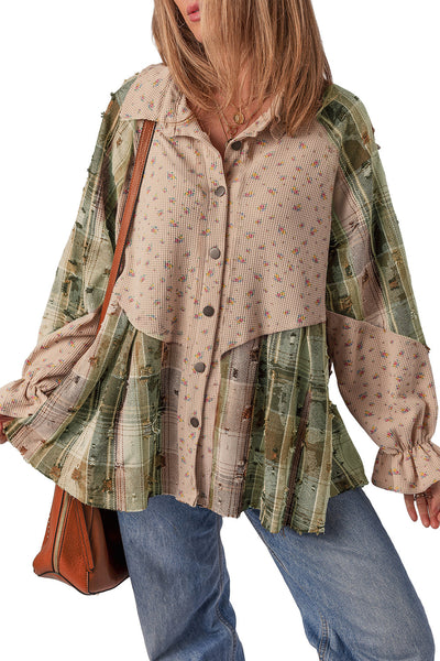 Women's Mist Green Boho Floral Plaid Shacket with Ruffled Sleeves & Distressed Details - Cozy Layering Top