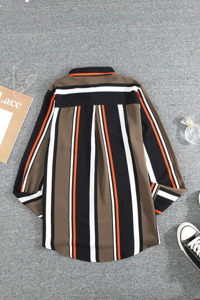 Chic Women's Black and Brown Striped Shirt - Tailored Fit for Effortless Style and Versatile Everyday Wear