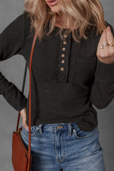 Women's Casual Black Mineral Wash Long Sleeve Henley Top with Waffle Knit and Pocket Perfect for Everyday Wear