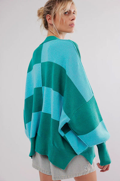 Cozy Oversized Green Checkered Sweater for Women with Side Slits and Drop Shoulders - Casual Chic Style