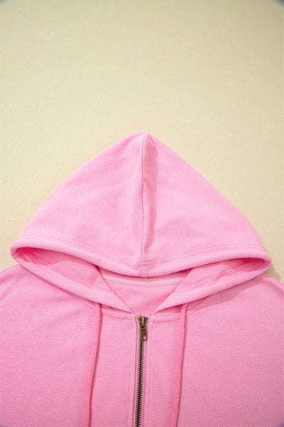 Women's Sachet Pink Ribbed Zip-Up Hooded Jacket