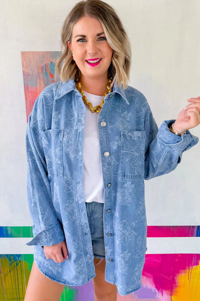 Women's Casual Denim Shacket with Floral Butterfly Print, Double Patch Pockets, Trendy Relaxed Fit for Everyday Wear