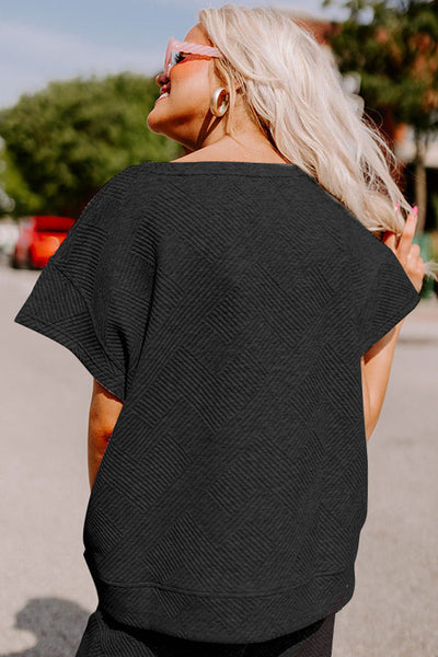 Chic Black Textured T-Shirt and Drawstring Pants Set for Women - Effortless Loose Fit Everyday Style