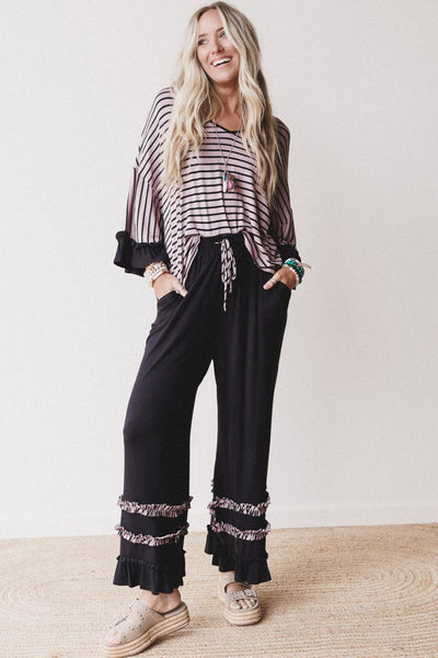 Stylish Black Striped 2-Piece Women's Set: Relaxed Drop Shoulder Top with Ruffled Sleeves & Comfy Drawstring Pants