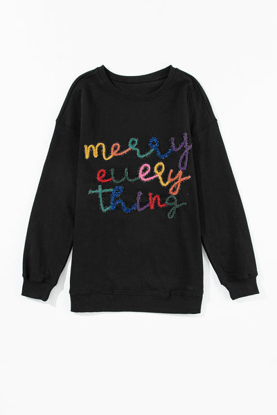 Women's Cozy Black Merry Everything Tinsel Sweatshirt - Casual Holiday Graphic Top for Festive Comfort