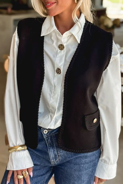 Chic Women's Black Open Front Vest with Braided Trim - Perfect Layering Top for Trendy Outfits and Effortless Style