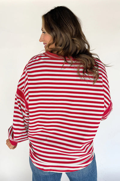 Women's Red Striped V-Neck Balloon Sleeve Pullover with Exposed Seams