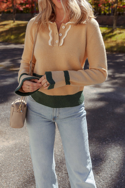 Chic Light Beige Women's Sweater with Ruffled Sleeves, Contrast Trim & Buttoned Collar for Effortless Layering