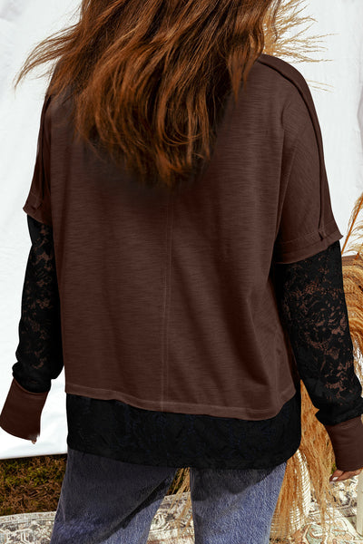 Elegant Plus Size Women's Dark Brown Sheer Floral Lace Long Sleeve Top with Round Neck - Stylish Patchwork Design
