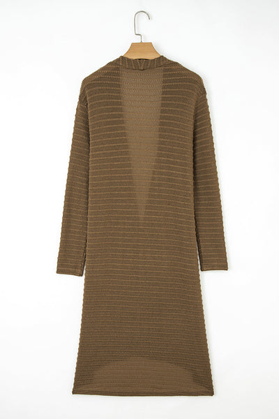 Chic Women's Camel Striped Knit Duster Cardigan with Double Pockets - Effortless Open Front Layer for Stylish Comfort