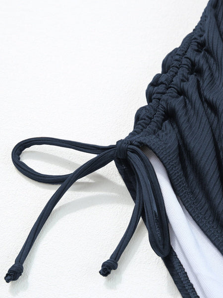 Nautical Blue Ribbed Ruched Drawstring Monokini