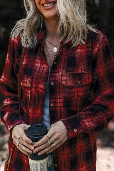 Cozy Women's Red Retro Plaid Shacket with Double Flap Pockets - Perfect Layering Piece for a Chic Fall Look