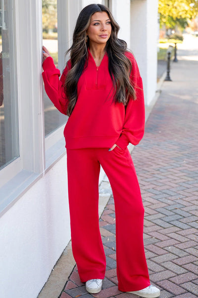 women's fiery red athleisure set - stylish quarter-zip pullover and drawstring sweatpants for ultimate comfort made for easy styling and wardrobe with