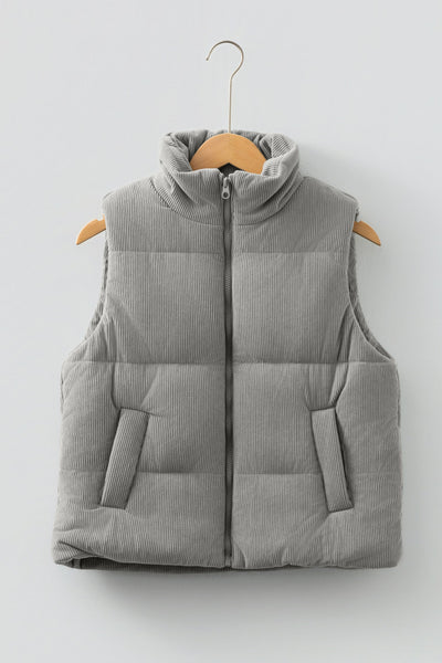 Women's Sage Gray Corduroy Puffer Vest with Stand Collar