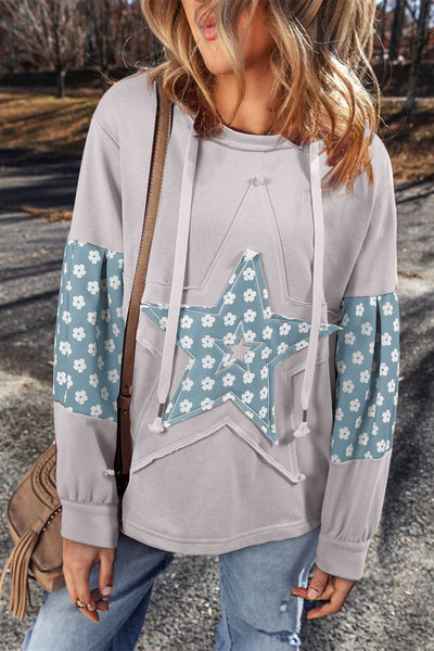 Women's Beau Blue Floral Patchwork Star Hoodie with Adjustable Drawstring - Stylish & Comfortable Casual Wear