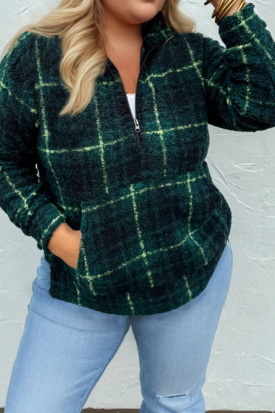 Plus Size Women's Cozy Green Plaid Fleece Sweatshirt with Half Zip Collar for Casual Chic Comfort