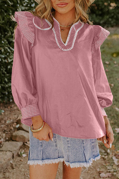 Women's Pink V-Neck Ruffle Blouse with Contrast Stitching and Long Sleeves - Stylish and Feminine Top for Any Occasion