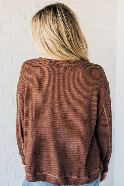 Women's Loose Fit Coffee Thermal Long Sleeve Top with Textured Seams & Patchwork Design - Stylish Casual Wear