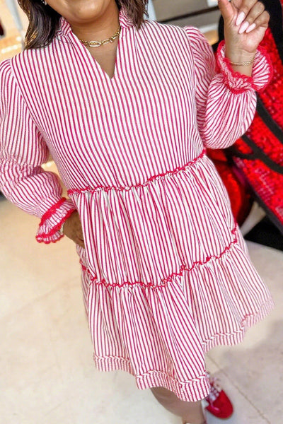 Plus Size Women's Red Striped Flounce Sleeve V-Neck Dress with Contrast Stitching - Chic & Comfortable Summer Fashion