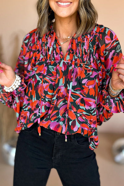 Crimson Dahlia Smocked Floral Puff Sleeve V-Neck Blouse