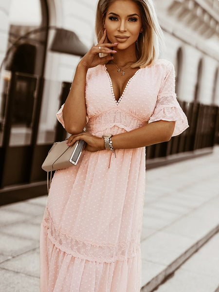 Women's V-Neck Ruffle Sleeve Swiss Dot Midi Dress