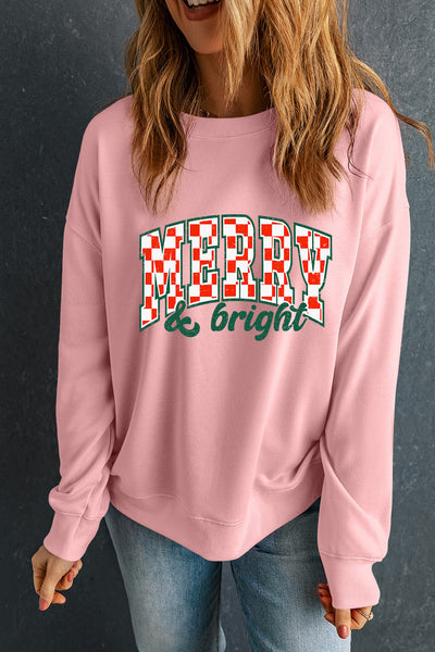 Women's Pink Merry and Bright Checkered Holiday Sweatshirt with practical styling and dependable silhouette control.