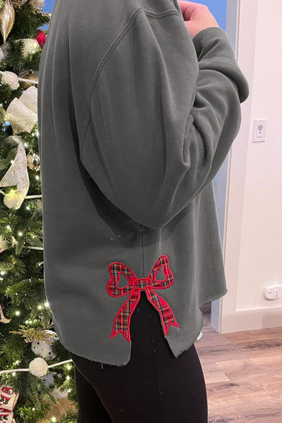 Plus Size Women's Medium Grey Plaid Sweatshirt with MERRY Bow Embroidery & Chic Side Slits for Cozy Style