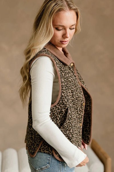 Women's Khaki Leopard Print Patchwork Vest with Corduroy Trim and Contrast Collar Stylish, Casual Layering Piece made for easy styling and wardrobe