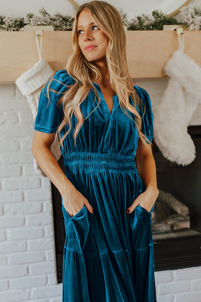 Elegant Deep Blue Velvet T-Shirt Dress for Women, Casual Short Sleeve Fit for Effortless Everyday Style