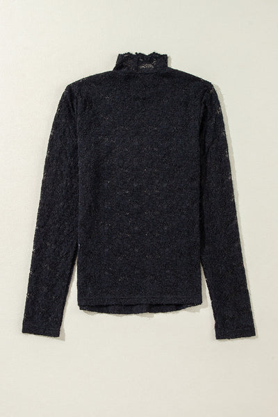 Chic Women's Black Floral Lace High Neck Blouse - Long Sleeve, Elegant Fit for Every Occasion