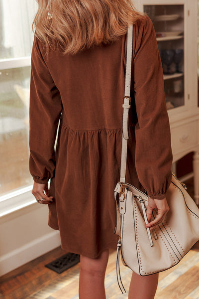 Women's Relaxed Fit Coffee Corduroy V-Neck Long Sleeve Dress - Stylish, Comfortable, Perfect for Everyday Wear