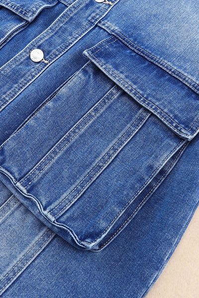 Women's Relaxed Fit Blue Denim Jacket with Chest Pockets and Drop Shoulder for Effortless Casual Style
