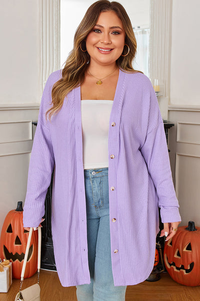 Plus Size Women's Cozy Orchid Petal Waffle Knit Cardigan - Stylish Button Front Layer for Effortless Comfort