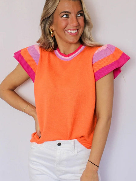Carrot Cap Sleeve Color Block Knit Top