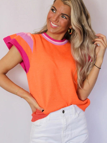 Carrot Cap Sleeve Color Block Knit Top