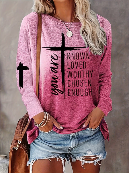 Casual Cross Letter Print Crew Neck Long Sleeve T-Shirt
