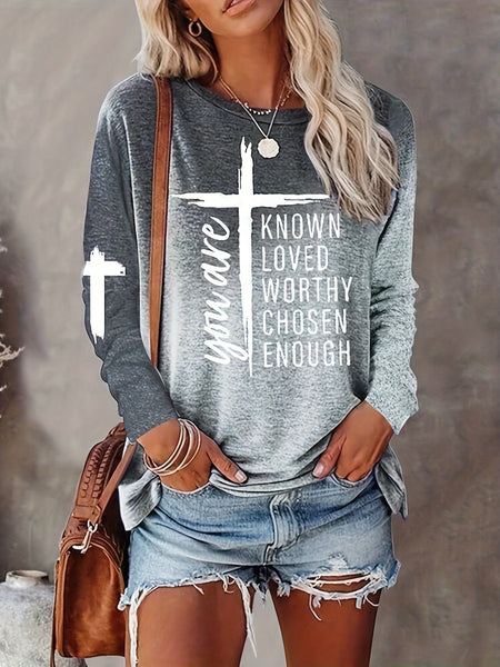 Casual Cross Letter Print Crew Neck Long Sleeve T-Shirt