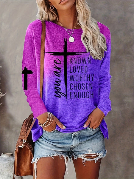 Casual Cross Letter Print Crew Neck Long Sleeve T-Shirt