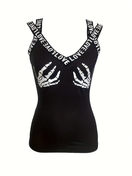Casual Letter Tape Skull Hand Print Sleeveless Tank Top