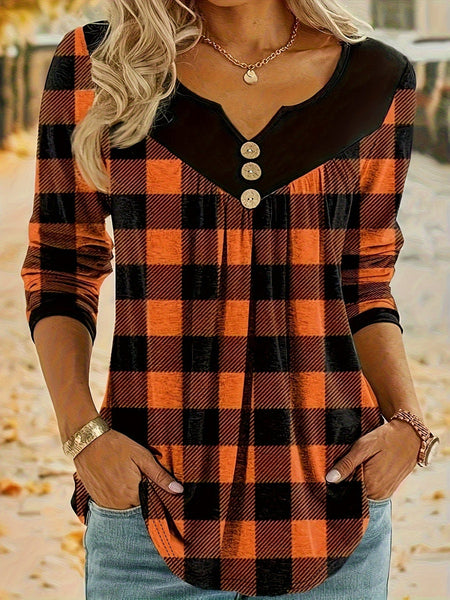 Women's Autumn Harvest Buffalo Plaid Notch Neck Tunic