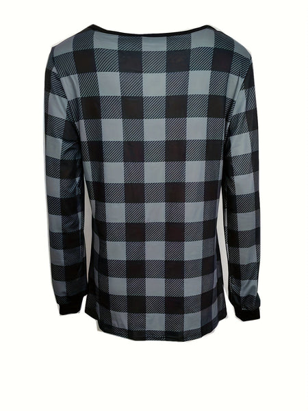Casual Plaid Print Notch Neck Long Sleeve Button T-Shirt