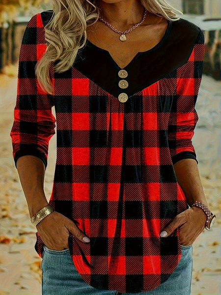 Women's Autumn Harvest Buffalo Plaid Notch Neck Tunic