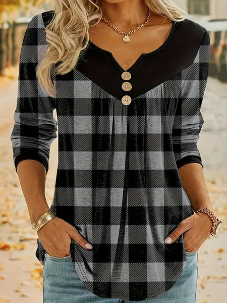 Long Sleeve V-Neck Plaid Blouse