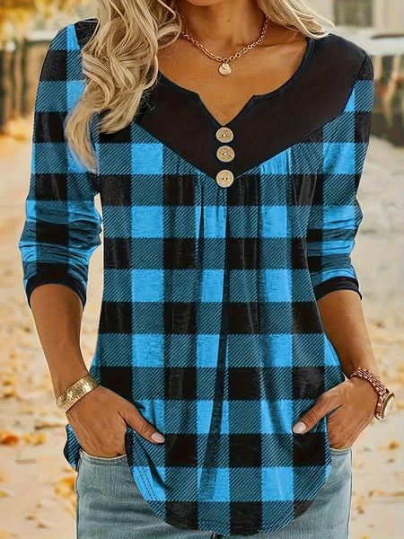 Casual Plaid Print Notch Neck Long Sleeve Button T-Shirt