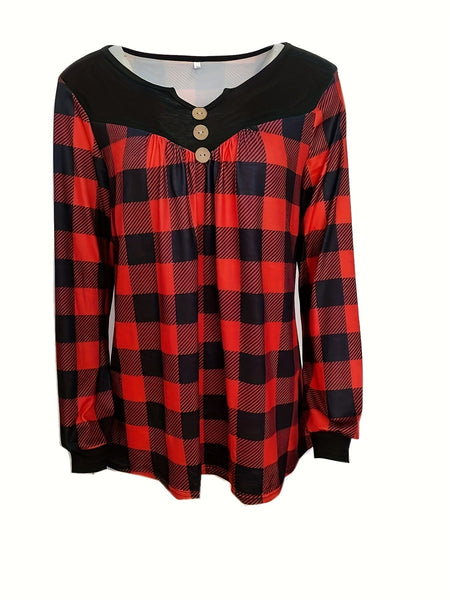 Long Sleeve V-Neck Plaid Blouse