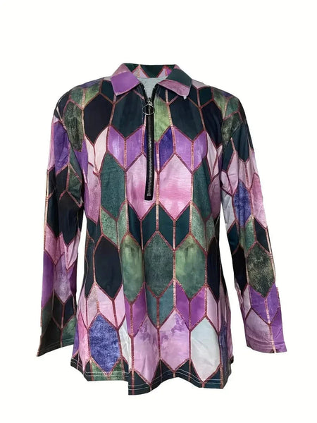Casual Polo Printed Zipper Lapel Long Sleeve T-shirt