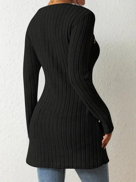 Women's Casual Ribbed Button Decor Asymmetrical Hem Long Sleeve T-Shirt