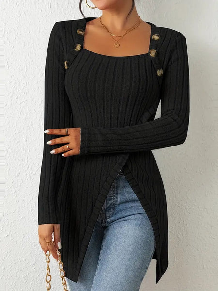 Women's Casual Ribbed Button Decor Asymmetrical Hem Long Sleeve T-Shirt