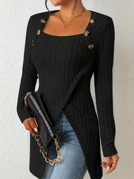 Women's Casual Ribbed Button Decor Asymmetrical Hem Long Sleeve T-Shirt
