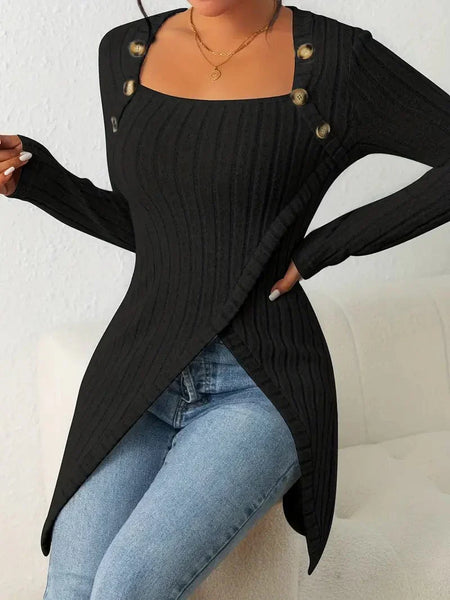 Women's Casual Ribbed Button Decor Asymmetrical Hem Long Sleeve T-Shirt